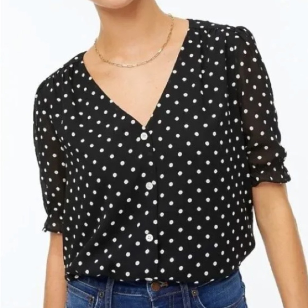 J.Crew Factory V Neck Puff Sleeve Top - Black & White - Medium